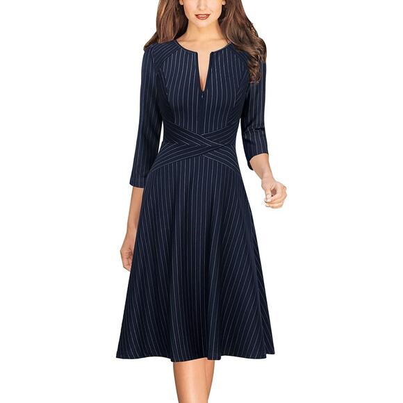 VFSHOW VFEMAG Striped Midi Dress Front Zipper Fit & Flare Navy White Size Large - Picture 1 of 10